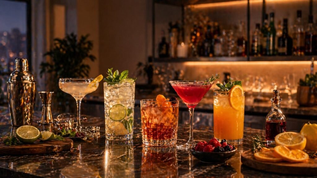 Stylish home bar setup with colorful cocktails, fresh ingredients, and bar tools on a modern counter, inspired by Darumandu online liquor delivery for cozy nights at home.